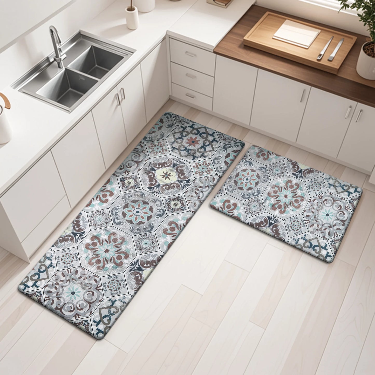 HEBE Boho Kitchen Rug Set of 2, Non-Slip Anti-Fatigue Waterproof Cushioned Mat for Kitchen, Dining & Laundry Room, 18"x30"+18"x48"