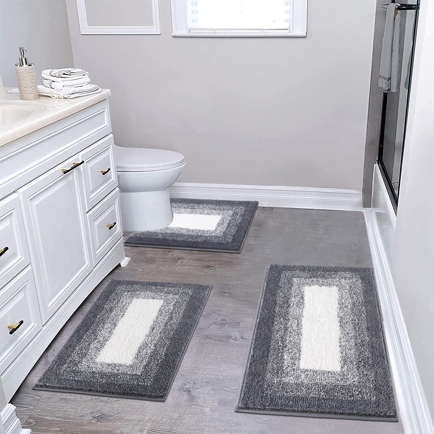 HEBE Microfiber Bathroom Rugs Sets 3 Piece, Non Slip Bath Rugs for Bathroom, Absorbent Plush Shaggy Bath Mat with U-Shaped Contour Toilet Mat Machine Washable