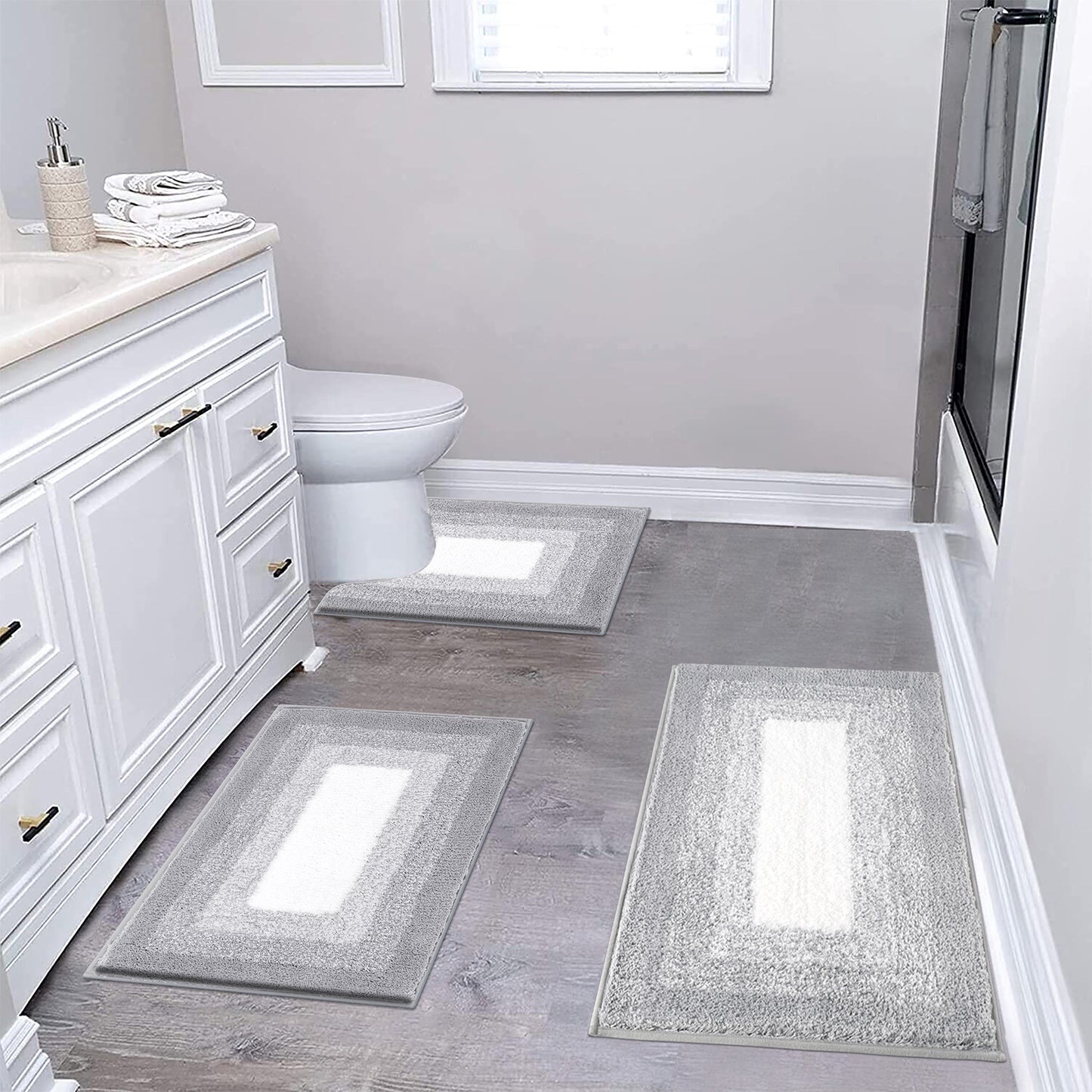 HEBE Microfiber Bathroom Rugs Sets 3 Piece, Non Slip Bath Rugs for Bathroom, Absorbent Plush Shaggy Bath Mat with U-Shaped Contour Toilet Mat Machine Washable