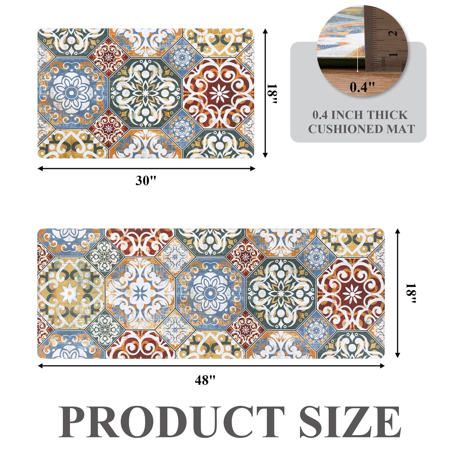 HEBE Boho Kitchen Rug Set of 2, Non-Slip Anti-Fatigue Waterproof Cushioned Mat for Kitchen, Dining & Laundry Room, 18"x30"+18"x48"