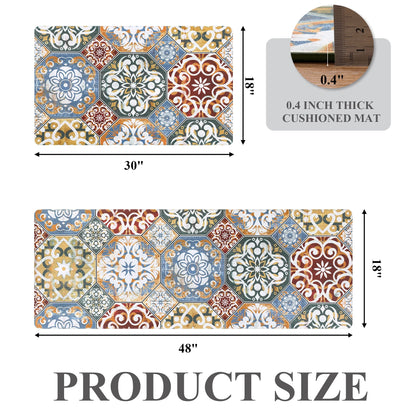 HEBE Boho Kitchen Rug Set of 2, Non-Slip Anti-Fatigue Waterproof Cushioned Mat for Kitchen, Dining & Laundry Room, 18"x30"+18"x48"