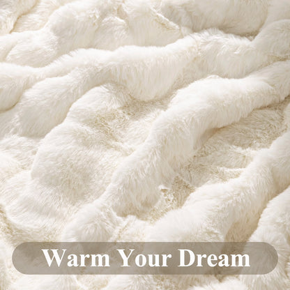 HEBE Faux Fur Throw Blanket for Couch, Cozy Soft Plush Thick Fuzzy Comfy Bubble Blanket and Fuzzy Plush Rabbit Fur Blanket for Sofa Bedroom Living Room