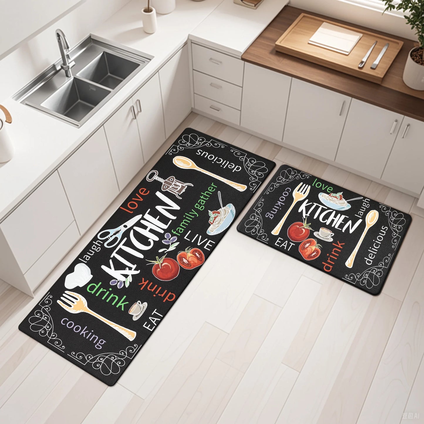 HEBE Farmhouse Kitchen Rug Set of 2, Non-Slip Anti-Fatigue Waterproof Cushioned Mat for Kitchen, Dining & Laundry Room, 18"x30"+18"x48"