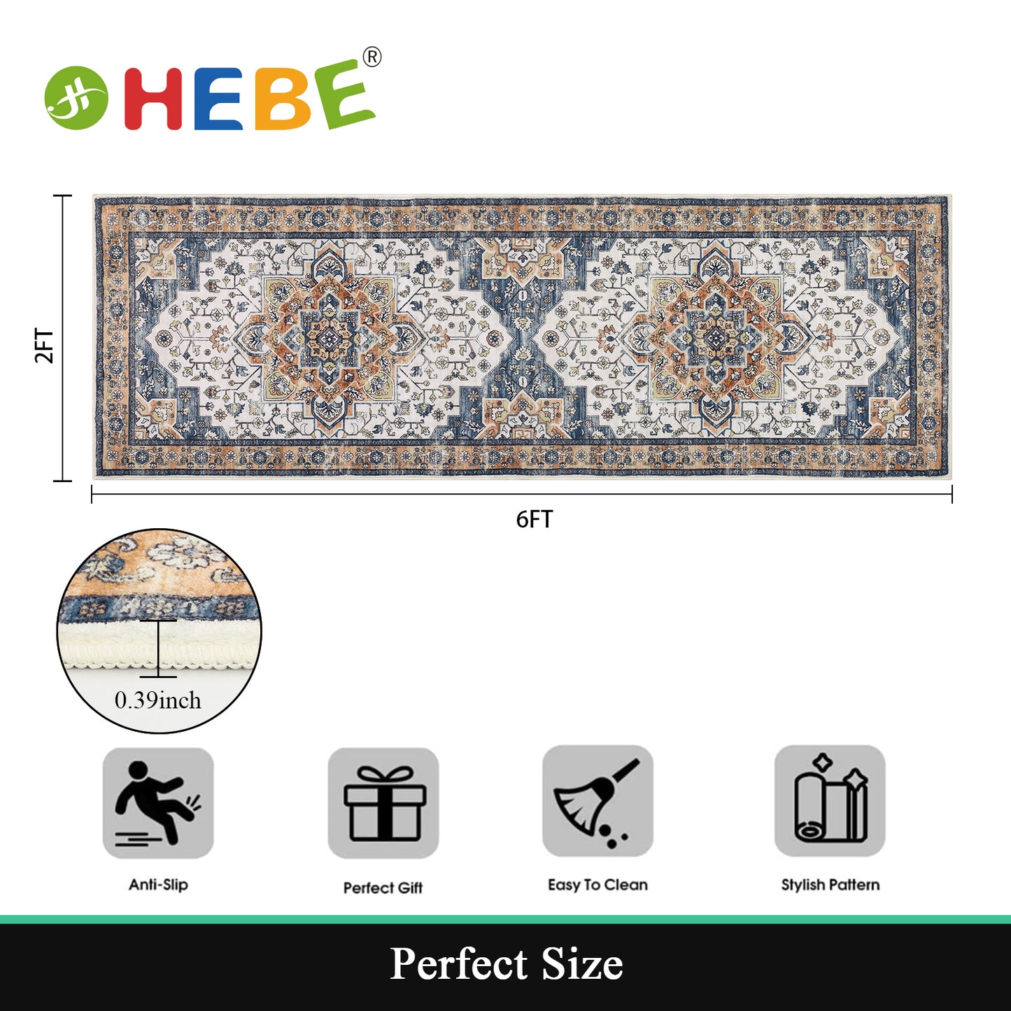 HEBE Hallway Runner Rug 2'x6' Washable Vintage Distressed Area Rugs Non Slip Laundry Rug Runner