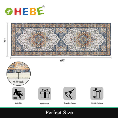 HEBE Hallway Runner Rug 2'x6' Washable Vintage Distressed Area Rugs Non Slip Laundry Rug Runner
