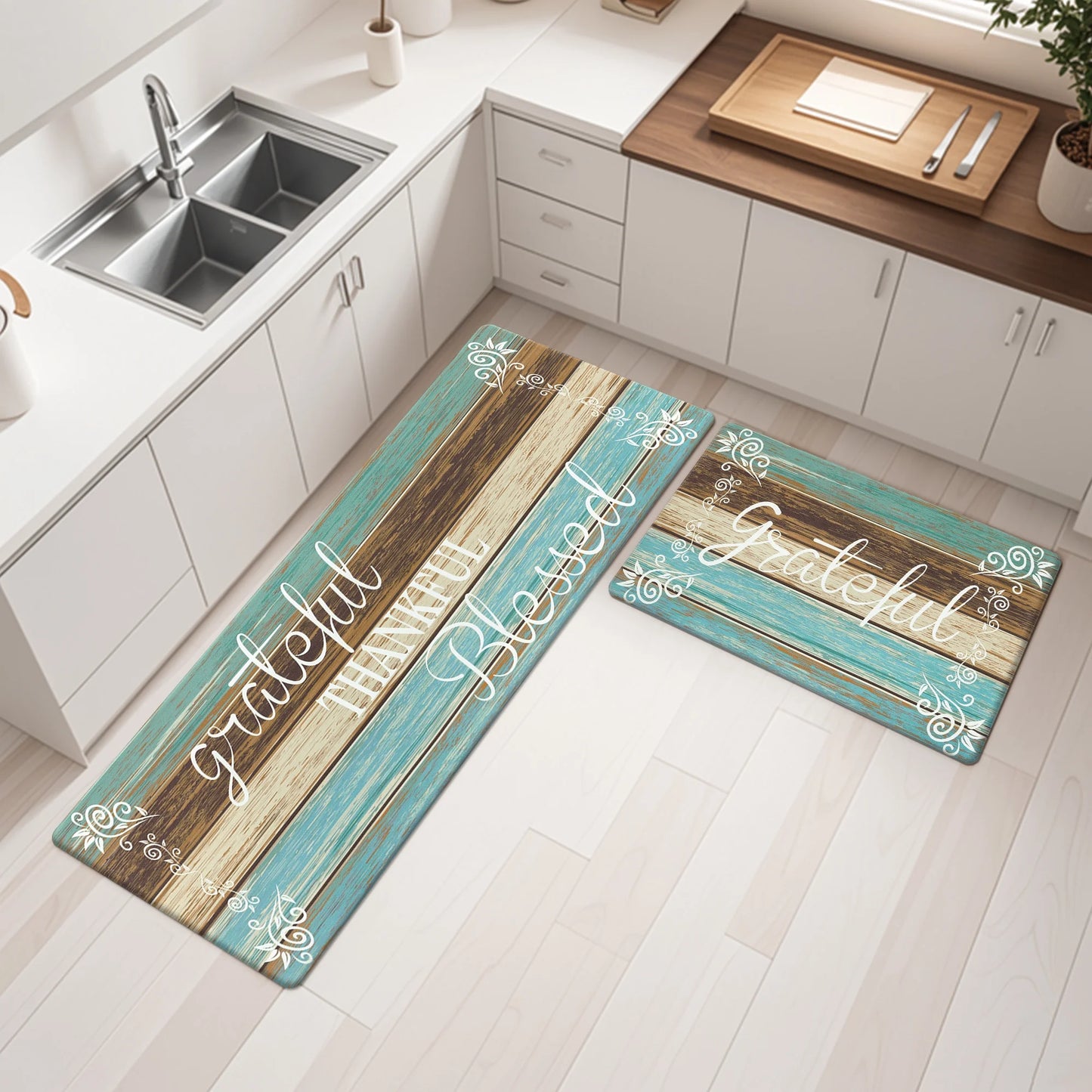 HEBE Farmhouse Kitchen Rug Set of 2, Non-Slip Anti-Fatigue Waterproof Cushioned Mat for Kitchen, Dining & Laundry Room, 18"x30"+18"x48"