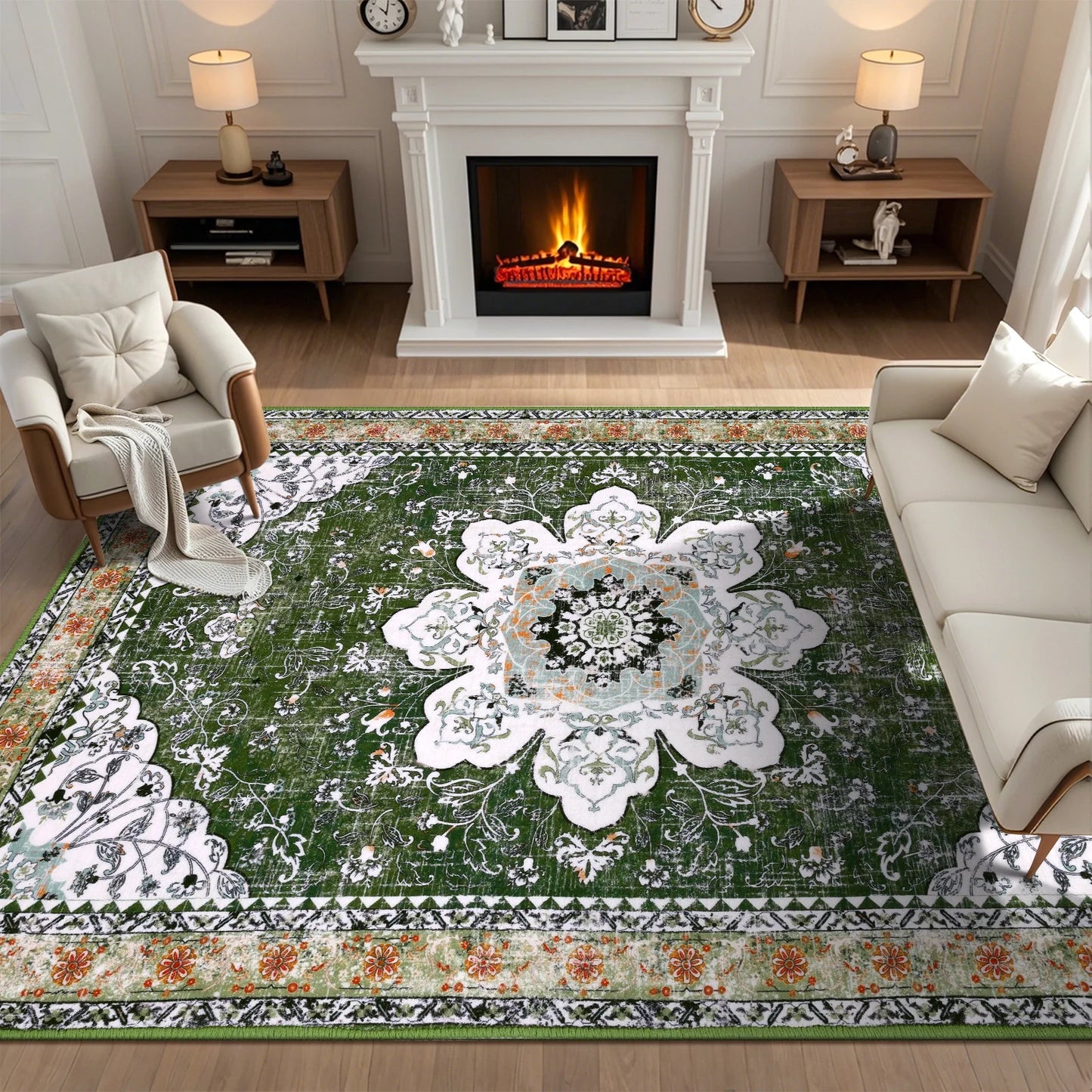 HEBE Bohemian Vintage Area Rug Machine Washable Low-Pile Accent Carpet, Non-Shedding Non-Slip Living Room Floor Throw Rugs for Bedroom,Dining Room,Kids Playroom,Rv,Office(Green)