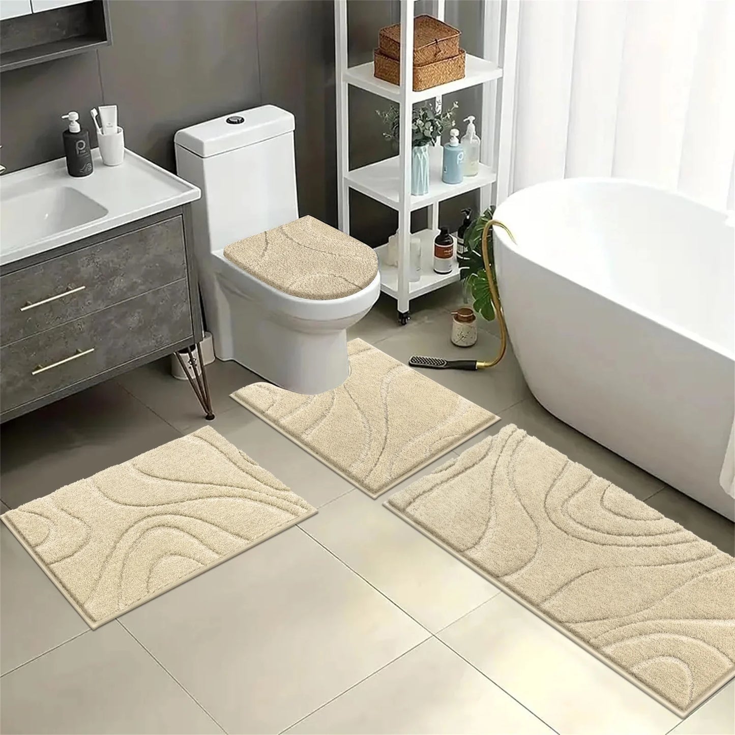 HEBE Bathroom Rugs Sets 4 Piece, Super Soft and Absorbent Non Slip Microfiber Toilet Bathroom Mats