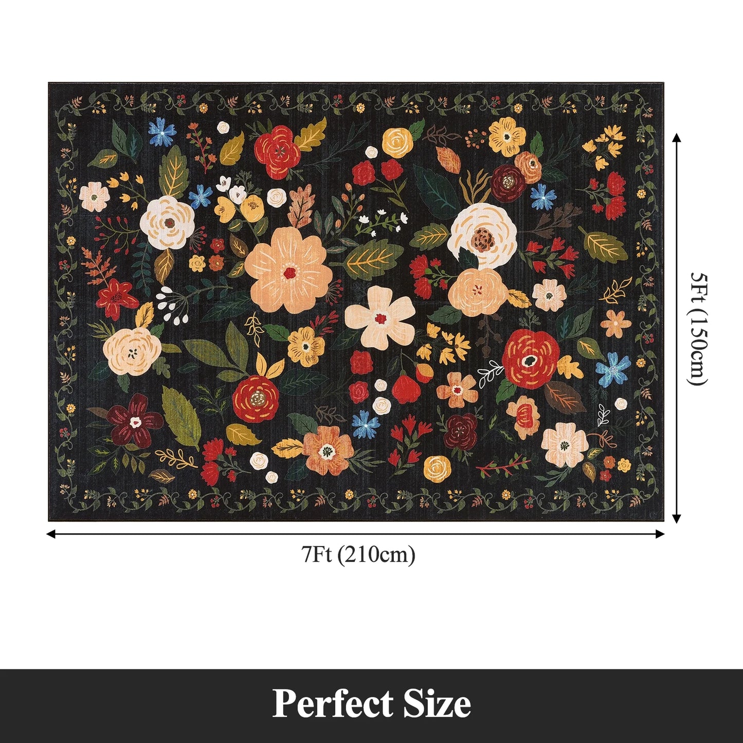 HEBE 5x7 ft Living Room Area Rug Machine Washable Boho Area Rug Non Slip Floral Vintage Low Pile Large Rug for Living Room, Bedroom, Farmhouse, Dining Room, Kids Playroom