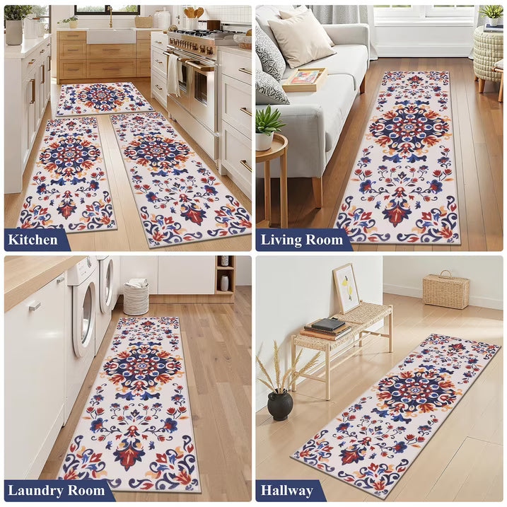 HEBE 3pcs Washable Kitchen Rug Set,Non-Slip Floral Boho Kitchen Mats Kitchen Runner Rug Floor Carpet 20"x32"+20"x48"+20"x59"
