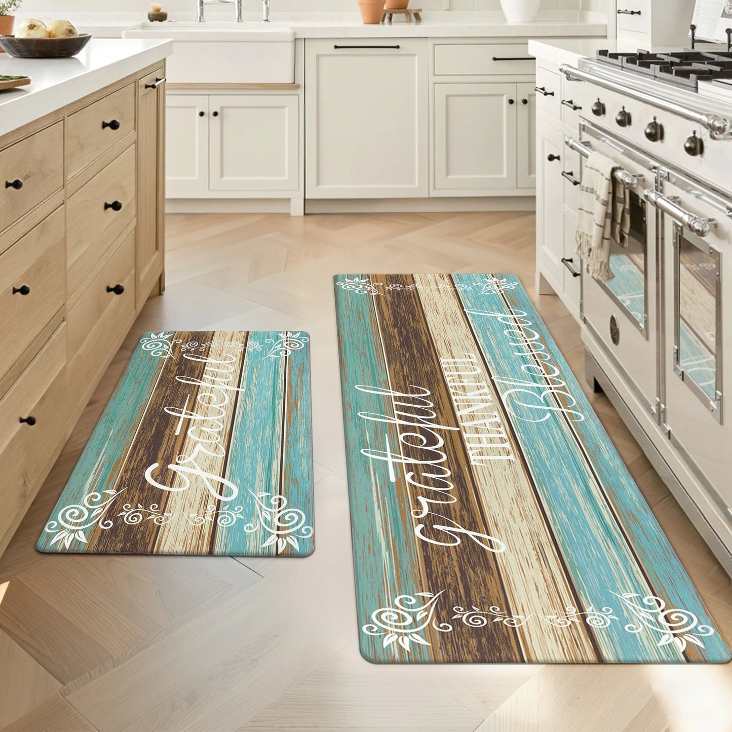 HEBE Farmhouse Kitchen Rug Set of 2, Non-Slip Anti-Fatigue Waterproof Cushioned Mat for Kitchen, Dining & Laundry Room, 18"x30"+18"x48"