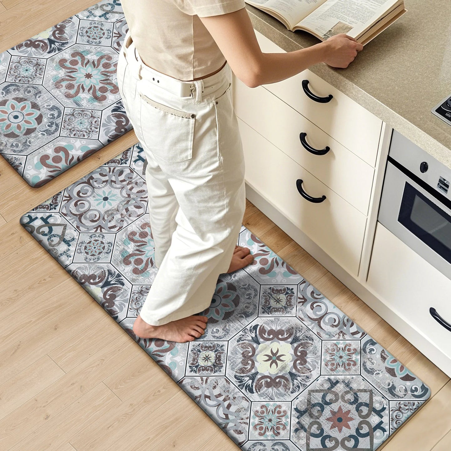 HEBE Boho Kitchen Rug Set of 2, Non-Slip Anti-Fatigue Waterproof Cushioned Mat for Kitchen, Dining & Laundry Room, 18"x30"+18"x48"