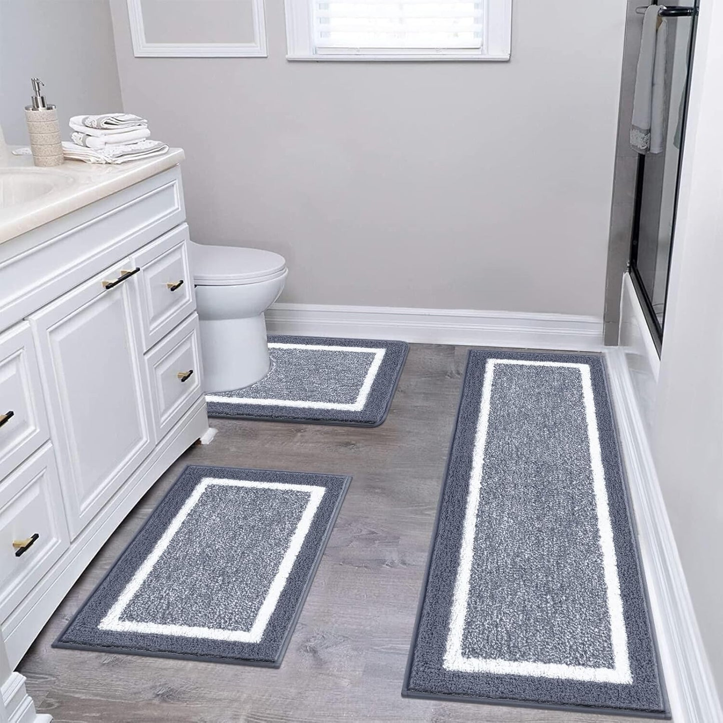 HEBE Bathroom Rug Mat Set 3 Piece, Microfiber Shaggy Bath Set, Non-Slip Ultra Soft Carpet Mats, Absorbent with U-Shaped Toilet for Bathroom, Tub, Shower