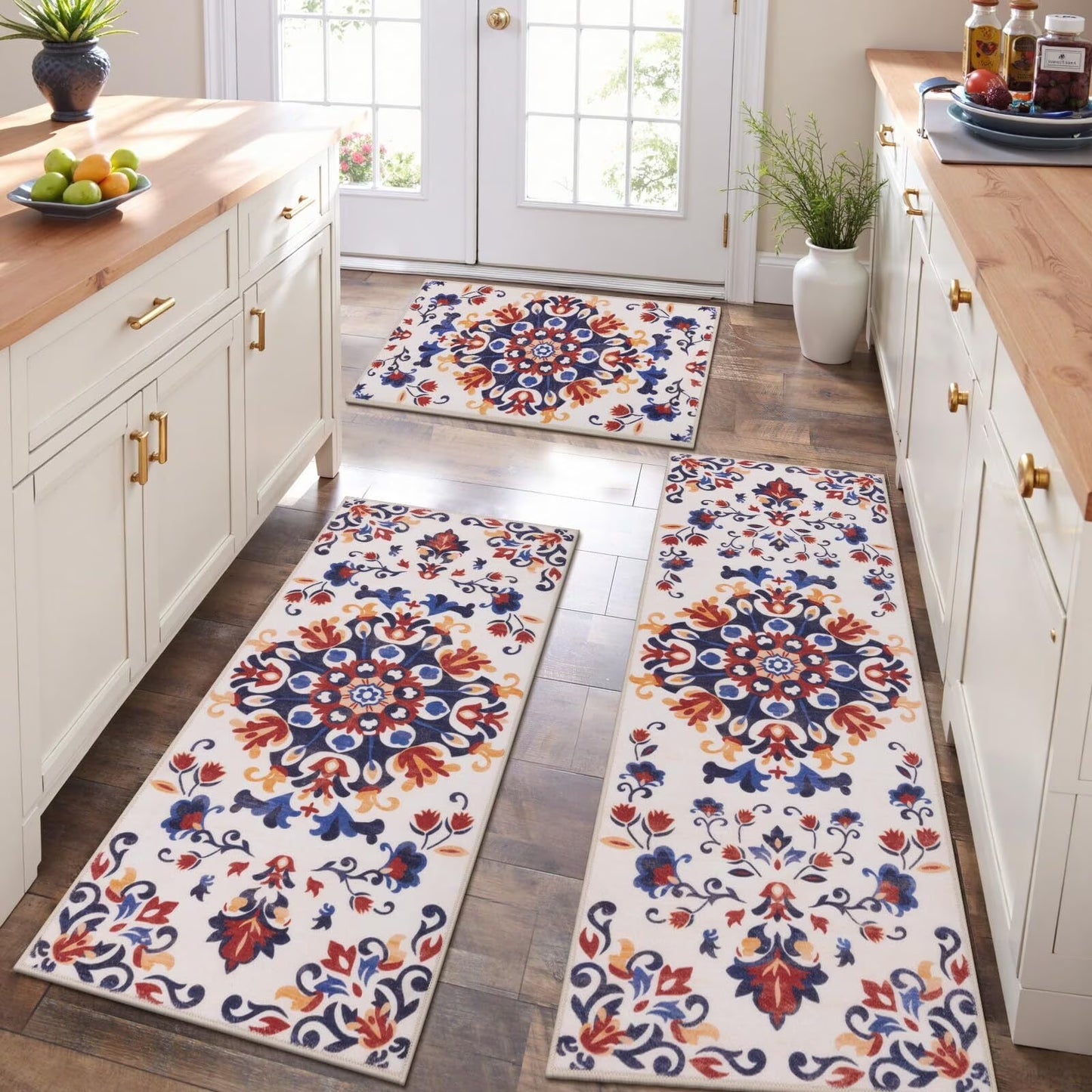 HEBE 3pcs Washable Kitchen Rug Set,Non-Slip Floral Boho Kitchen Mats Kitchen Runner Rug Floor Carpet 20"x32"+20"x48"+20"x59"