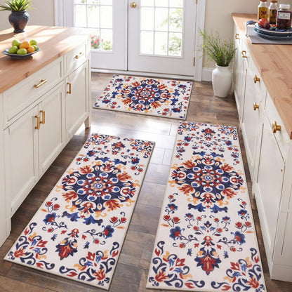 HEBE 3pcs Washable Kitchen Rug Set,Non-Slip Floral Boho Kitchen Mats Kitchen Runner Rug Floor Carpet 20"x32"+20"x48"+20"x59"