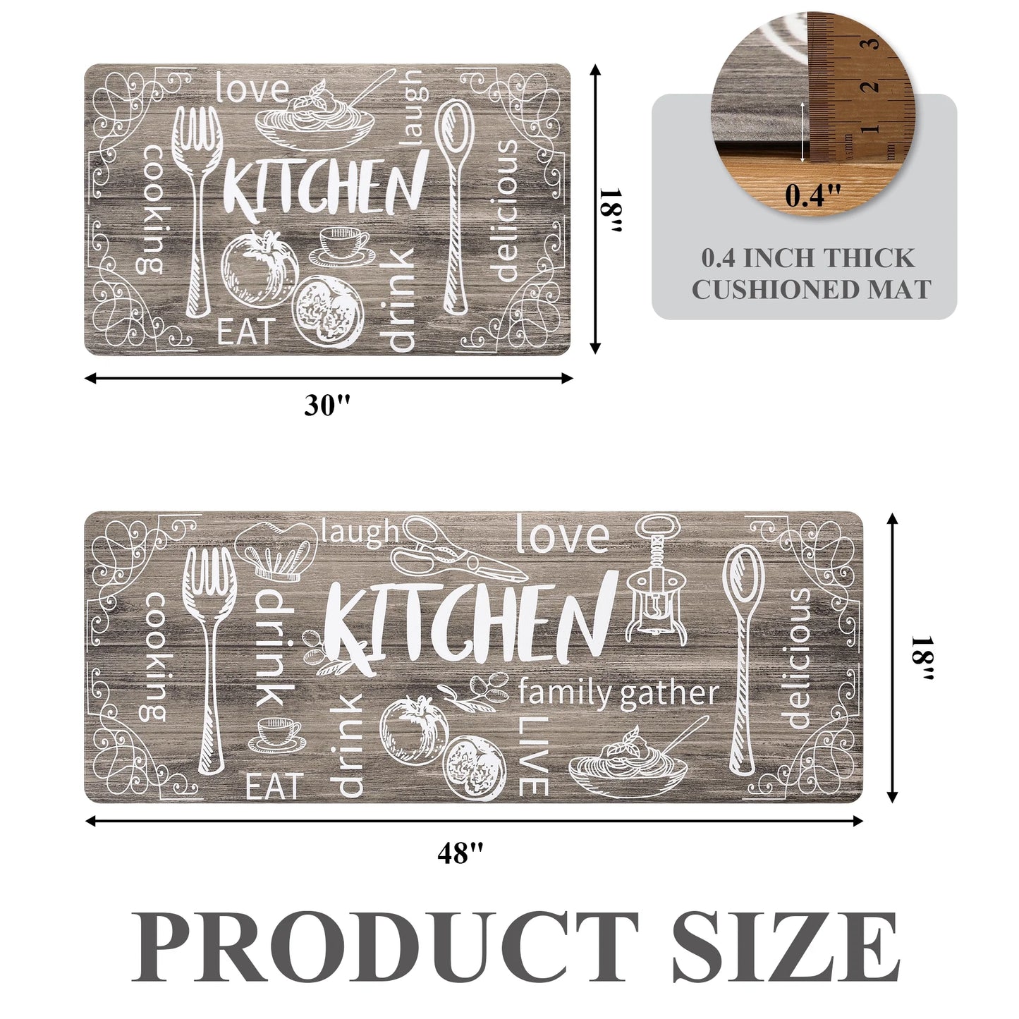 HEBE Farmhouse Kitchen Rug Set of 2, Non-Slip Anti-Fatigue Waterproof Cushioned Mat for Kitchen, Dining & Laundry Room, 18"x30"+18"x48"