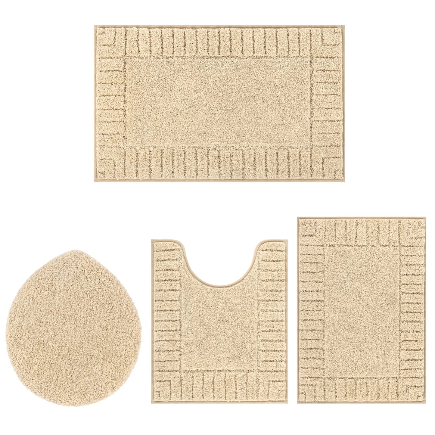 HEBE Bathroom Rugs Set of 4 Piece, Bath Mats, Microfiber Non Slip Shaggy Ultra Soft Bathroom Runner with U Shaped Contour Toilet Mat for Bathroom, Shower Inside Floor, Beige