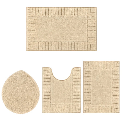 HEBE Bathroom Rugs Set of 4 Piece, Bath Mats, Microfiber Non Slip Shaggy Ultra Soft Bathroom Runner with U Shaped Contour Toilet Mat for Bathroom, Shower Inside Floor, Beige