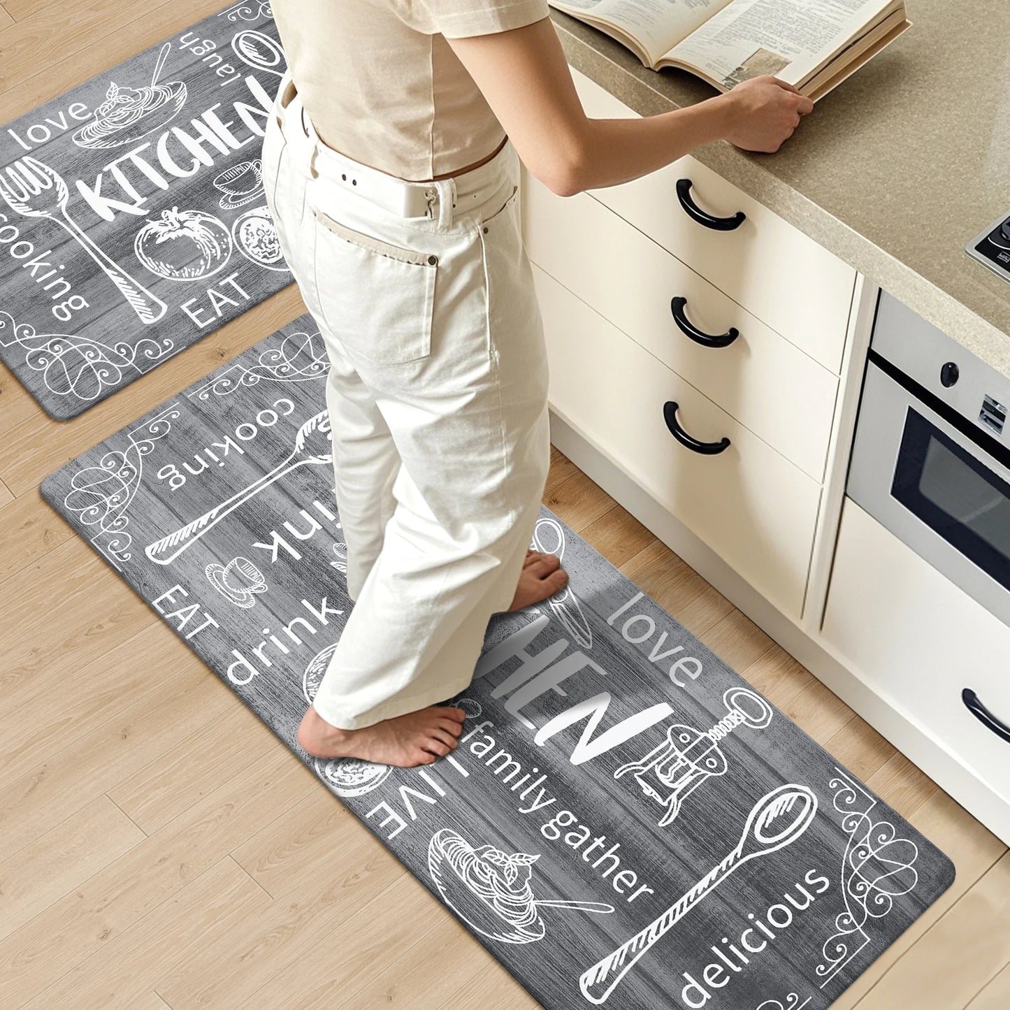 HEBE Farmhouse Kitchen Rug Set of 2, Non-Slip Anti-Fatigue Waterproof Cushioned Mat for Kitchen, Dining & Laundry Room, 18"x30"+18"x48"