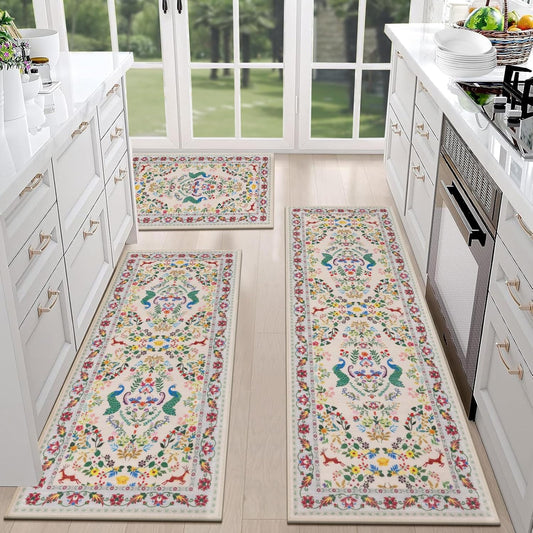 HEBE Machine Washable Non-Slip Kitchen Mat Farmhouse Kitchen Rugs Sets of 3 (20"x32"+20"x48"+20"x59")