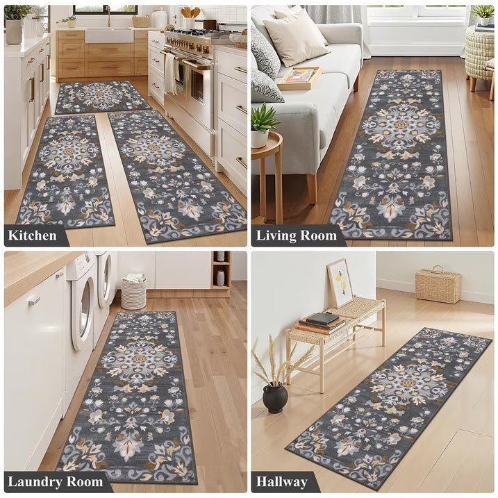 HEBE 3pcs Washable Kitchen Rug Set,Non-Slip Floral Boho Kitchen Mats Kitchen Runner Rug Floor Carpet 20"x32"+20"x48"+20"x59"