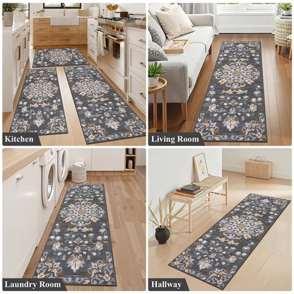 HEBE 3pcs Washable Kitchen Rug Set,Non-Slip Floral Boho Kitchen Mats Kitchen Runner Rug Floor Carpet 20"x32"+20"x48"+20"x59"