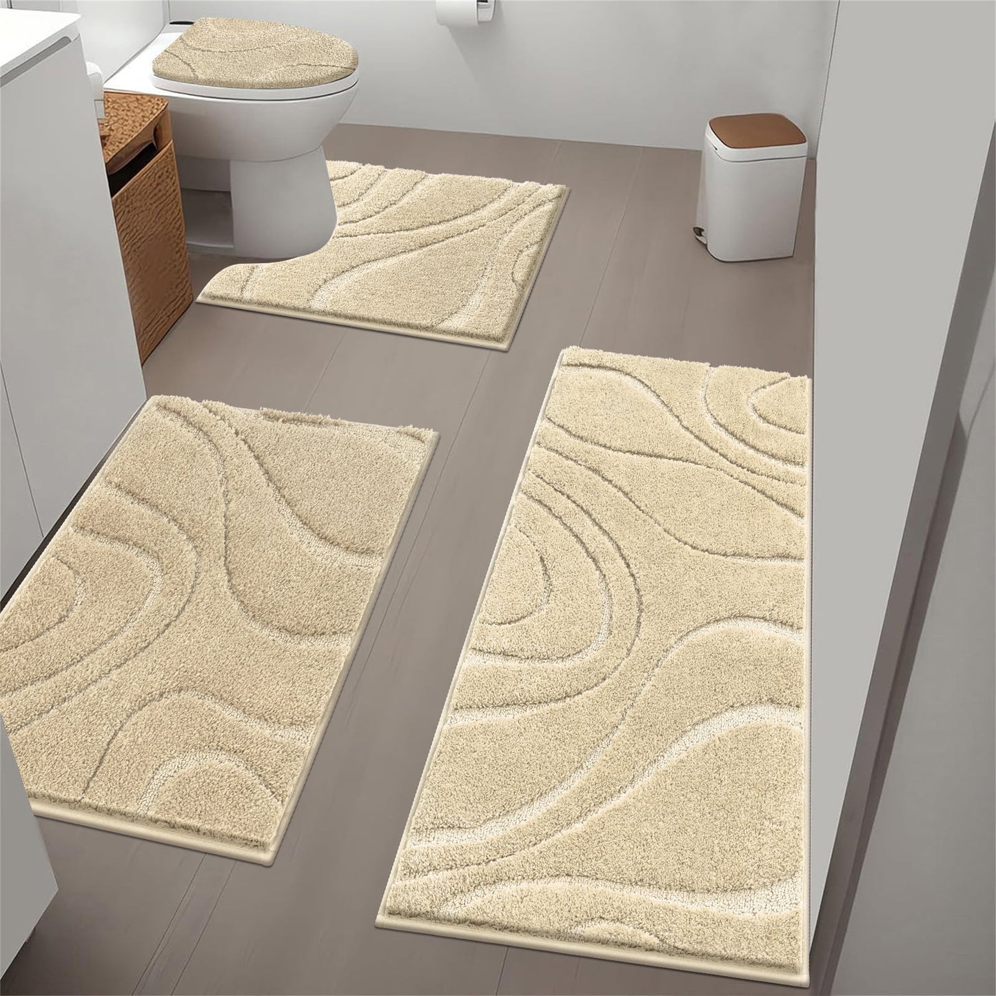 HEBE Bathroom Rugs Sets 4 Piece, Super Soft and Absorbent Non Slip Microfiber Toilet Bathroom Mats