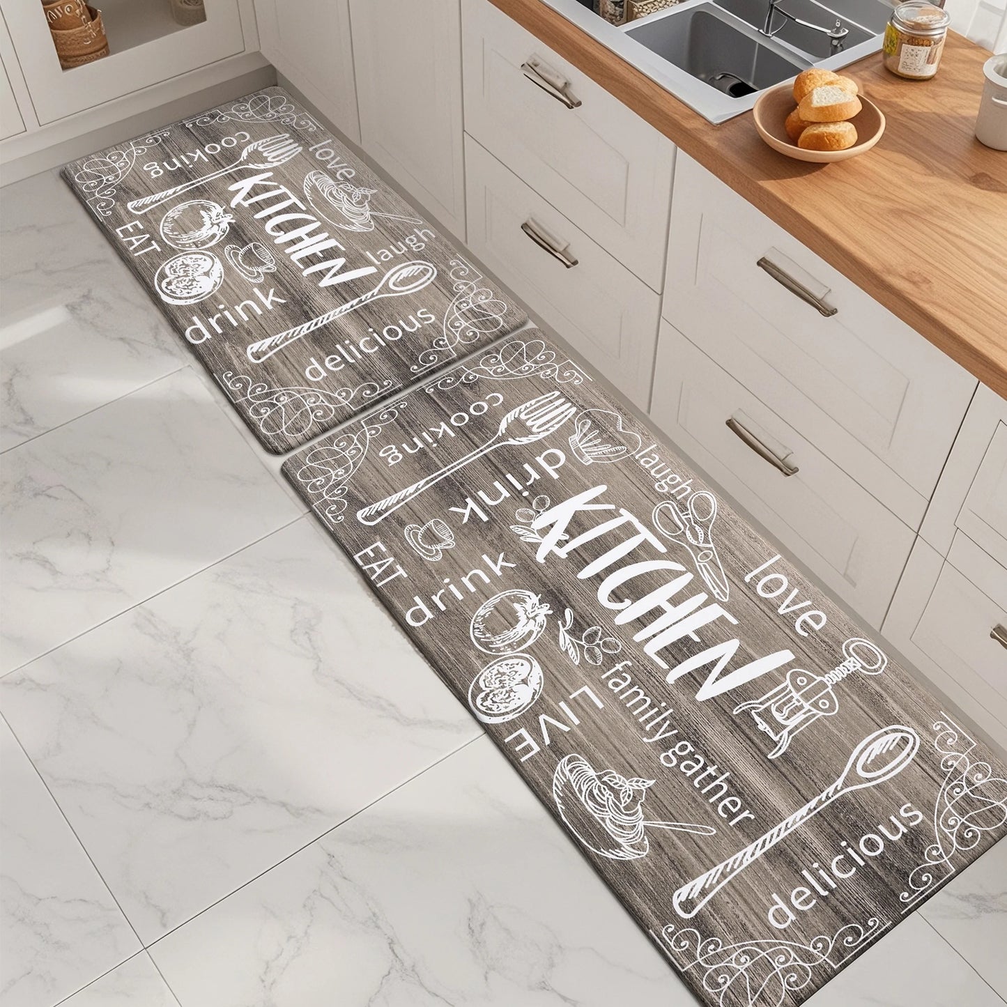 HEBE Farmhouse Kitchen Rug Set of 2, Non-Slip Anti-Fatigue Waterproof Cushioned Mat for Kitchen, Dining & Laundry Room, 18"x30"+18"x48"