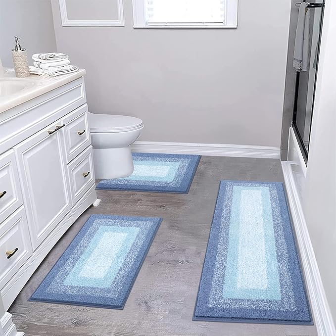 HEBE Microfiber Bathroom Rugs Sets 3 Piece, Non Slip Bath Rugs for Bathroom, Absorbent Plush Shaggy Bath Mat with U-Shaped Contour Toilet Mat Machine Washable