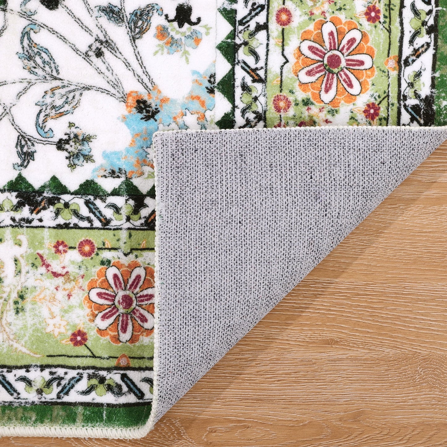 HEBE Bohemian Vintage Area Rug Machine Washable Low-Pile Accent Carpet, Non-Shedding Non-Slip Living Room Floor Throw Rugs for Bedroom,Dining Room,Kids Playroom,Rv,Office(Green)