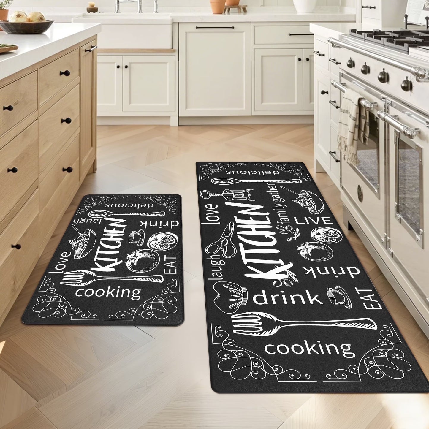 HEBE Farmhouse Kitchen Rug Set of 2, Non-Slip Anti-Fatigue Waterproof Cushioned Mat for Kitchen, Dining & Laundry Room, 18"x30"+18"x48"
