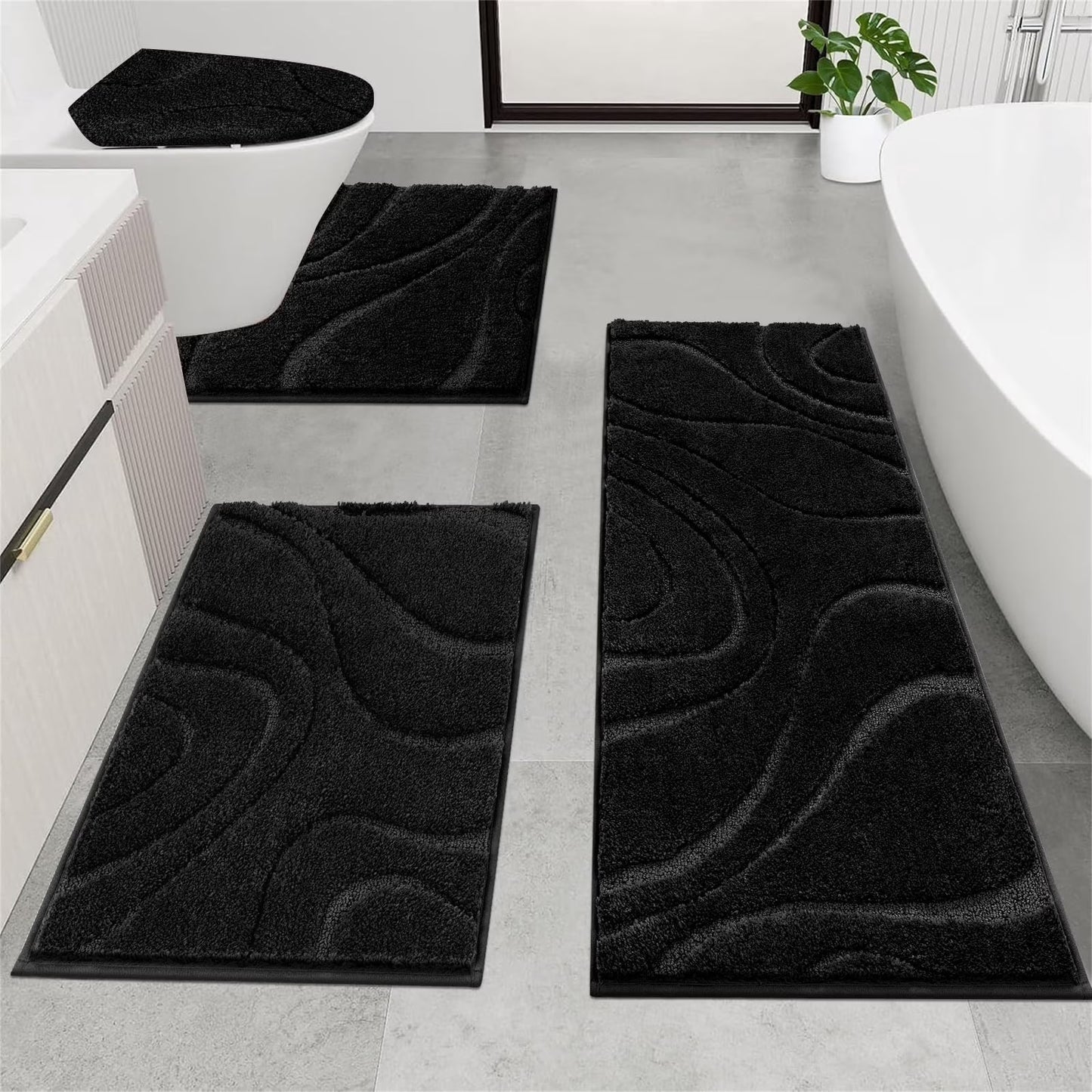 HEBE Bathroom Rugs Sets 4 Piece, Super Soft and Absorbent Non Slip Microfiber Toilet Bathroom Mats