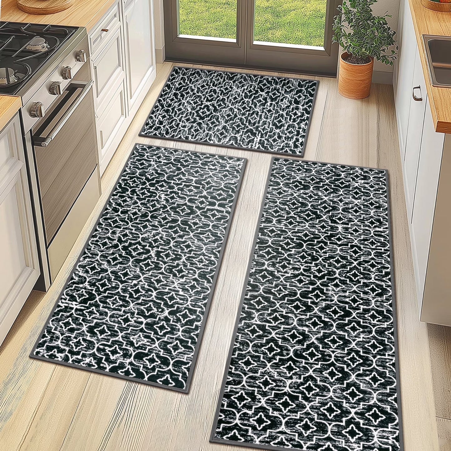 HEBE Kitchen Rug Set 3 Piece, Non Slip Machine Washable Mats for Home Floor and Living Room