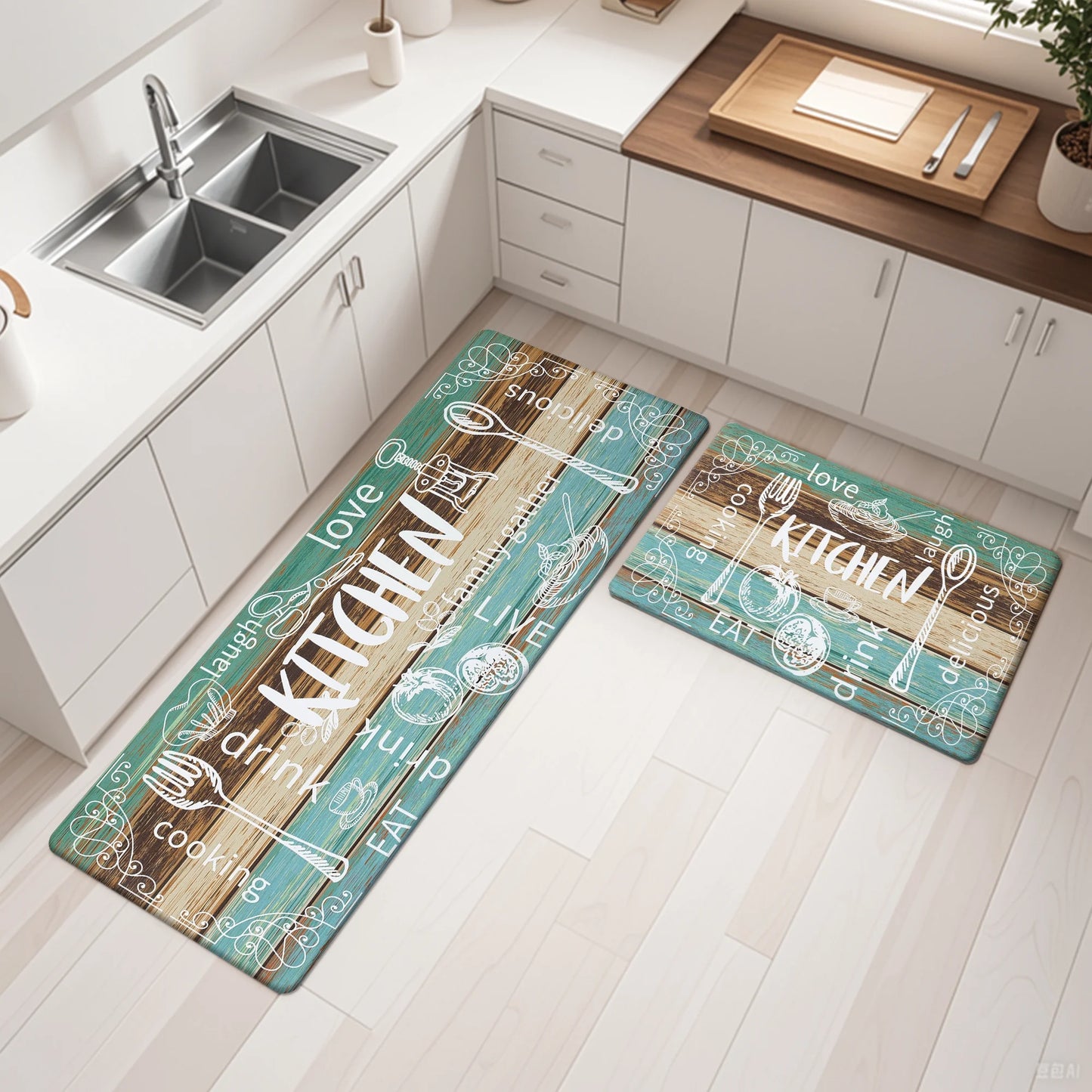 HEBE Farmhouse Kitchen Rug Set of 2, Non-Slip Anti-Fatigue Waterproof Cushioned Mat for Kitchen, Dining & Laundry Room, 18"x30"+18"x48"
