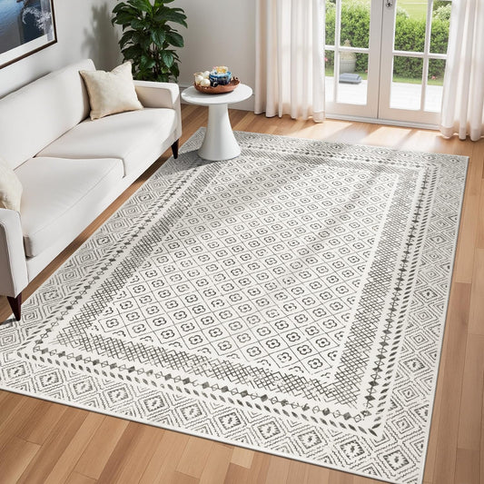 HEBE Living Room Rugs Soft Low Pile Non Slip Washable Area Rug Floor Mat for Bedroom Dining Room, Moroccan Geometric Bordered Rug