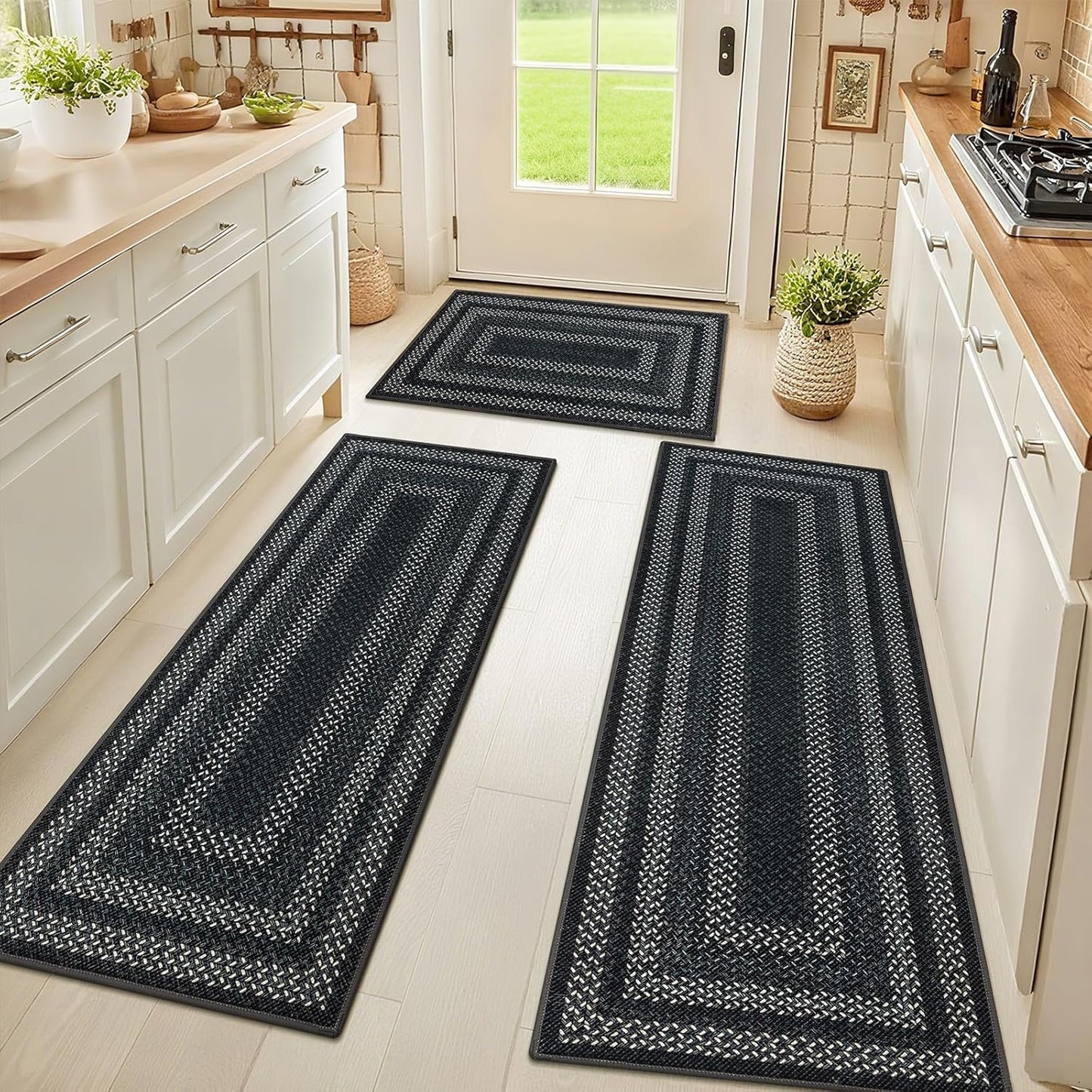 HEBE Boho Kitchen Rugs Sets 3 Piece with Runner Non Slip Kitchen Mats for Floor Washable Bohemian Runner Rug Set of 3 ﻿