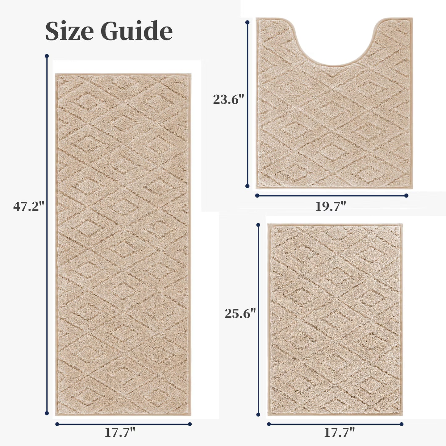 HEBE 3pcs Bathroom Rugs Set with U-Shaped Mat, Non Slip Water Absorbent Bath Rug Carpet