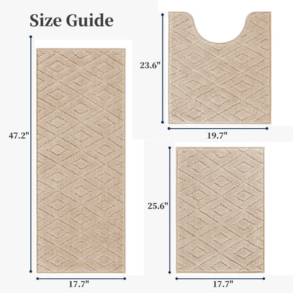 HEBE 3pcs Bathroom Rugs Set with U-Shaped Mat, Non Slip Water Absorbent Bath Rug Carpet
