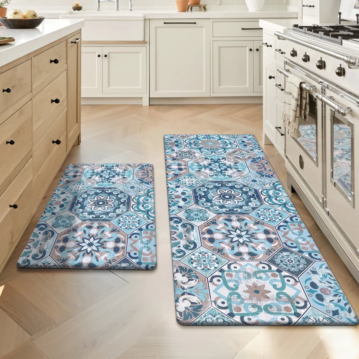 HEBE Boho Kitchen Rug Set of 2, Non-Slip Anti-Fatigue Waterproof Cushioned Mat for Kitchen, Dining & Laundry Room, 18"x30"+18"x48"