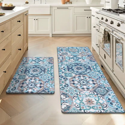 HEBE Boho Kitchen Rug Set of 2, Non-Slip Anti-Fatigue Waterproof Cushioned Mat for Kitchen, Dining & Laundry Room, 18"x30"+18"x48"