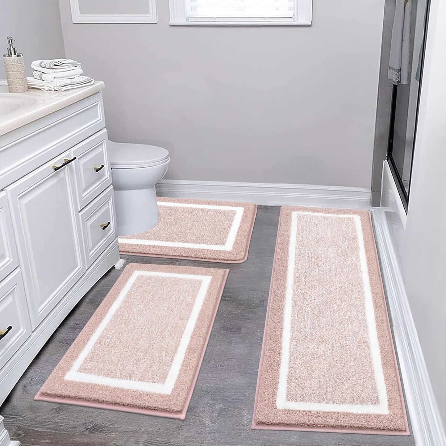 HEBE Bathroom Rug Mat Set 3 Piece, Microfiber Shaggy Bath Set, Non-Slip Ultra Soft Carpet Mats, Absorbent with U-Shaped Toilet for Bathroom, Tub, Shower