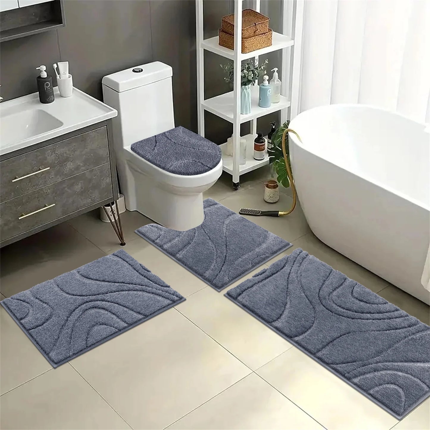 HEBE Bathroom Rugs Sets 4 Piece, Super Soft and Absorbent Non Slip Microfiber Toilet Bathroom Mats