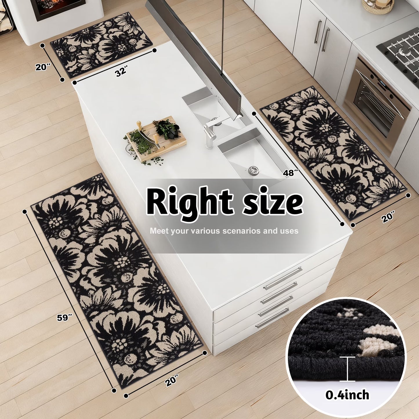 HEBE Kitchen Rug Set 3 Piece, Non Slip Machine Washable Mats for Home Floor and Living Room