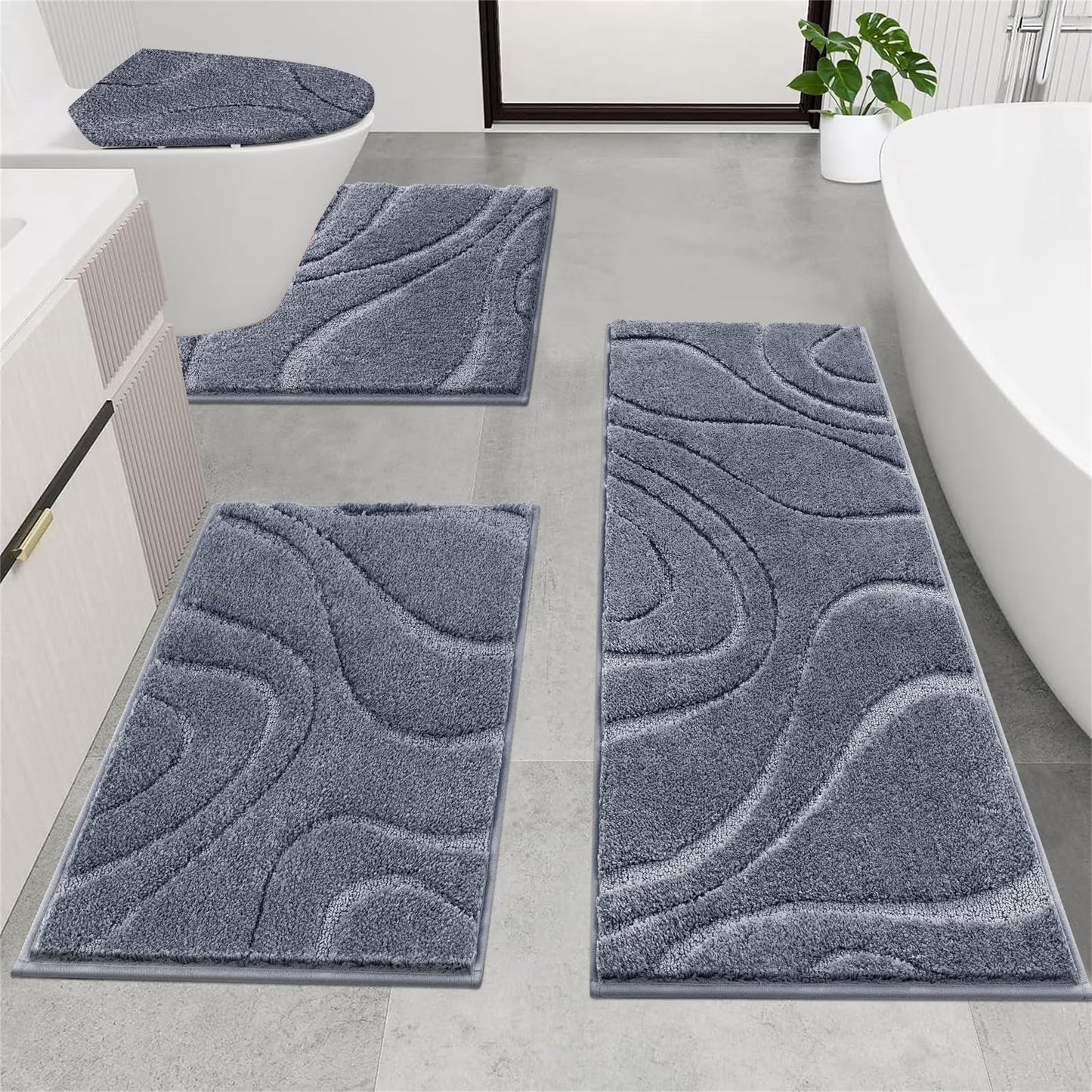 HEBE Bathroom Rugs Sets 4 Piece, Super Soft and Absorbent Non Slip Microfiber Toilet Bathroom Mats