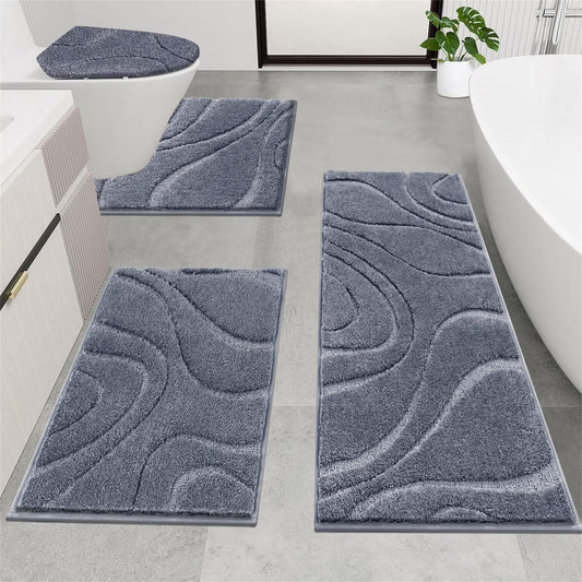HEBE Bathroom Rugs Sets 4 Piece, Super Soft and Absorbent Non Slip Microfiber Toilet Bathroom Mats