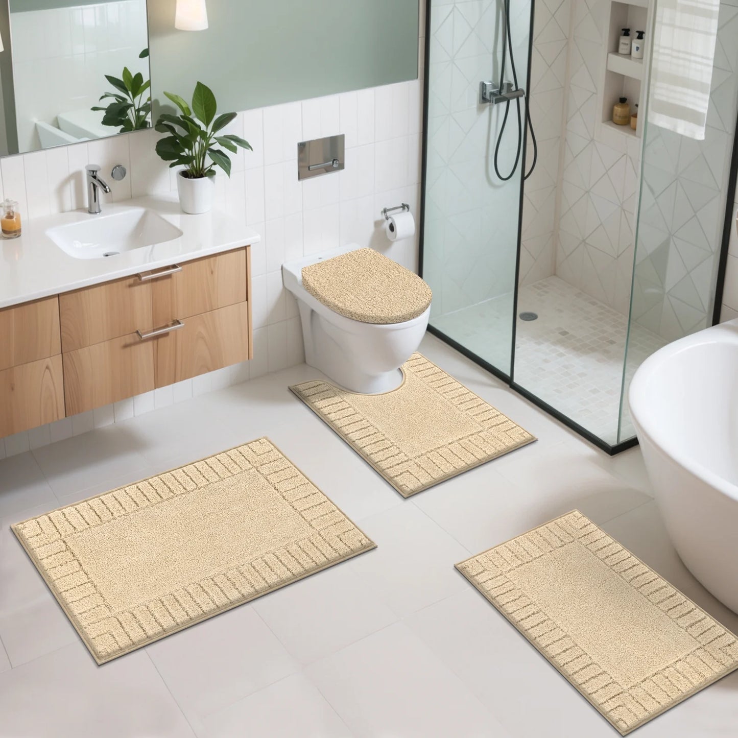 HEBE Bathroom Rugs Set of 4 Piece, Bath Mats, Microfiber Non Slip Shaggy Ultra Soft Bathroom Runner with U Shaped Contour Toilet Mat for Bathroom, Shower Inside Floor, Beige