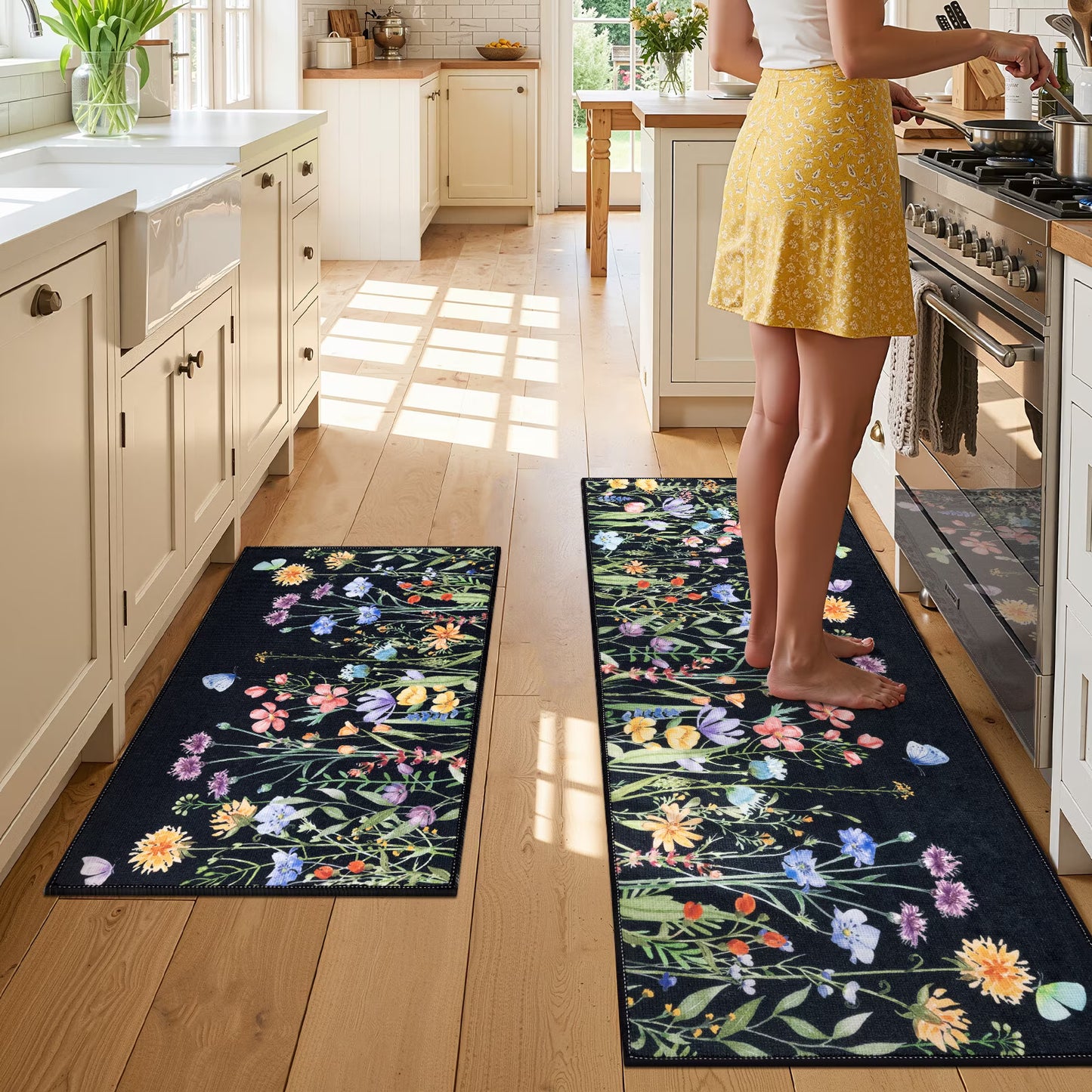 HEBE Floral Non-Slip Kitchen Rugs Set of 2,Washable Kitchen Mat Farmhouse Kitchen Floor Mats Runner for Home Sink Entrance Laundry Hallway,20"x32"+20"x47"