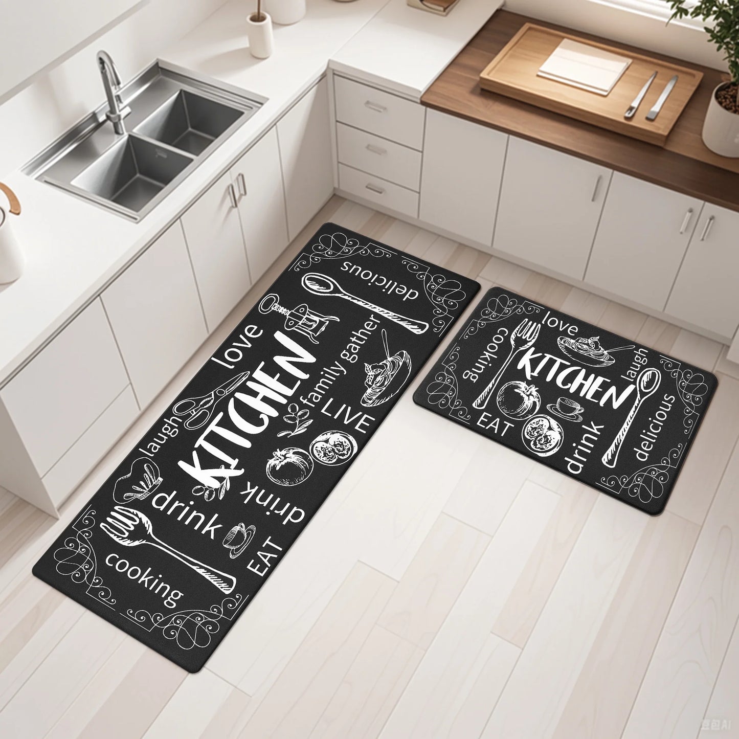 HEBE Farmhouse Kitchen Rug Set of 2, Non-Slip Anti-Fatigue Waterproof Cushioned Mat for Kitchen, Dining & Laundry Room, 18"x30"+18"x48"