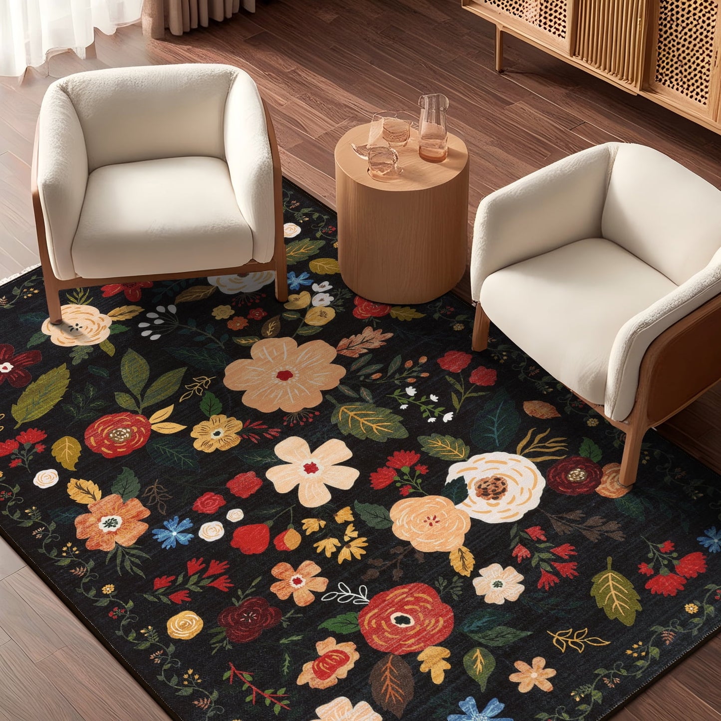 HEBE 5x7 ft Living Room Area Rug Machine Washable Boho Area Rug Non Slip Floral Vintage Low Pile Large Rug for Living Room, Bedroom, Farmhouse, Dining Room, Kids Playroom