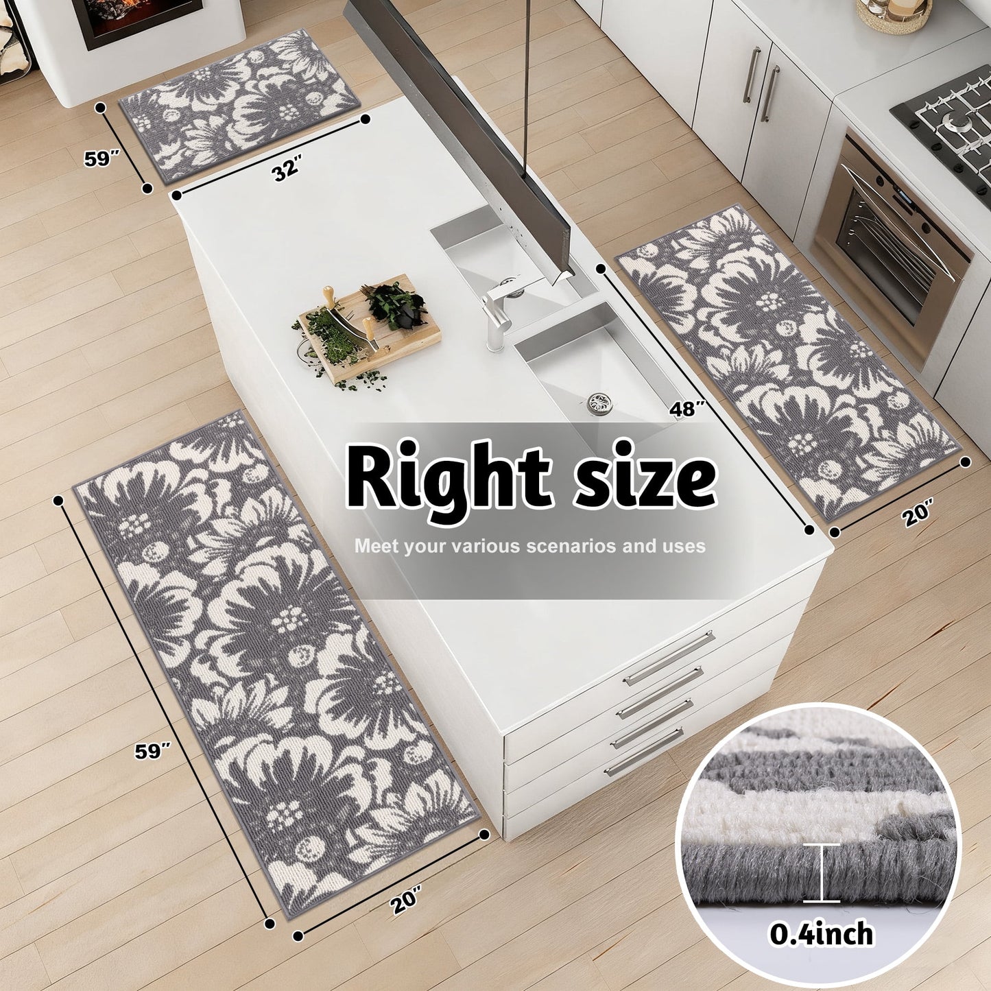 HEBE Kitchen Rug Set 3 Piece, Non Slip Machine Washable Mats for Home Floor and Living Room
